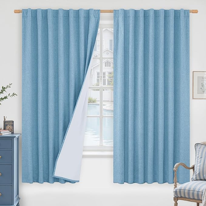 LAMIT 100% Blackout Linen Curtains 63 Inches Long, Linen Textured Living Room