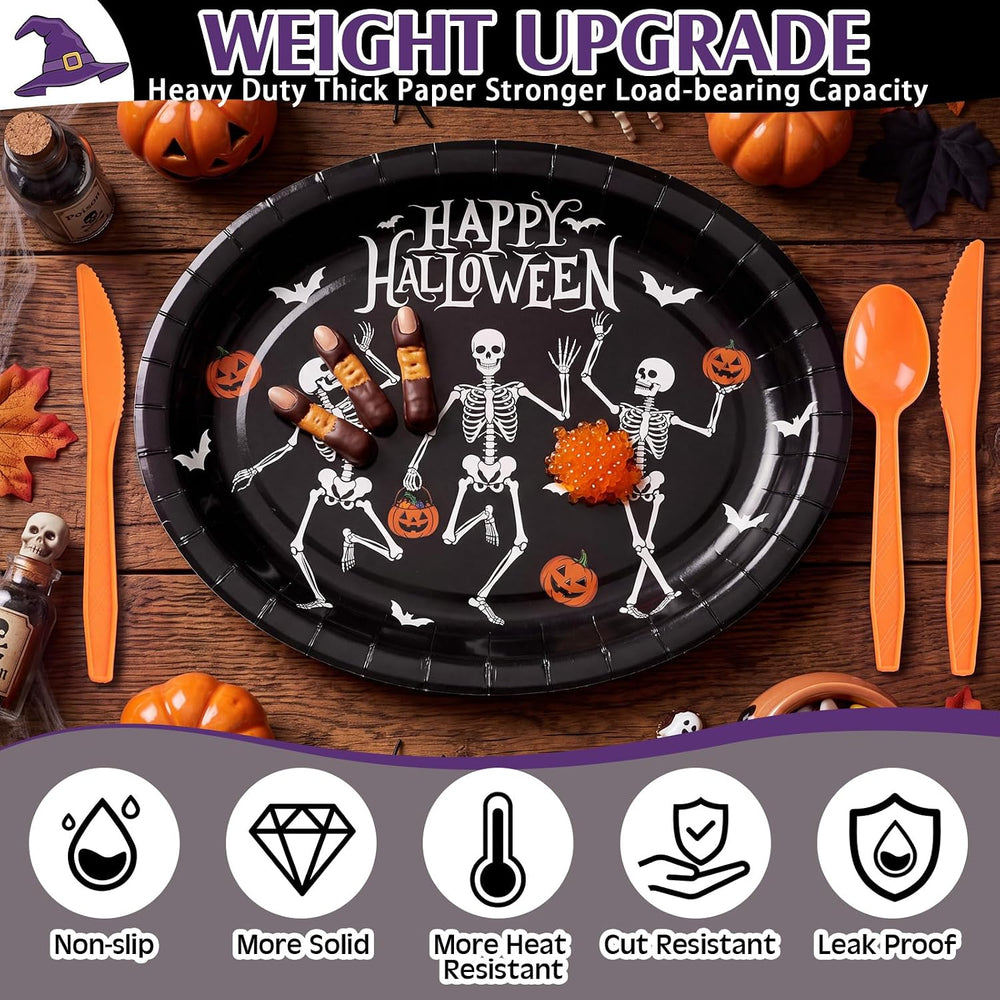 Pajean 350 Pcs Halloween Oval Paper Plates Set 12 inch Skeleton Oval Plates