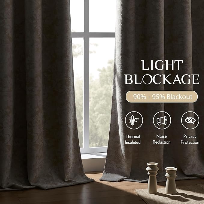 Beauoop Beige Floral Jacquard Blackout Curtains 72 Inches Long 2 Panels
