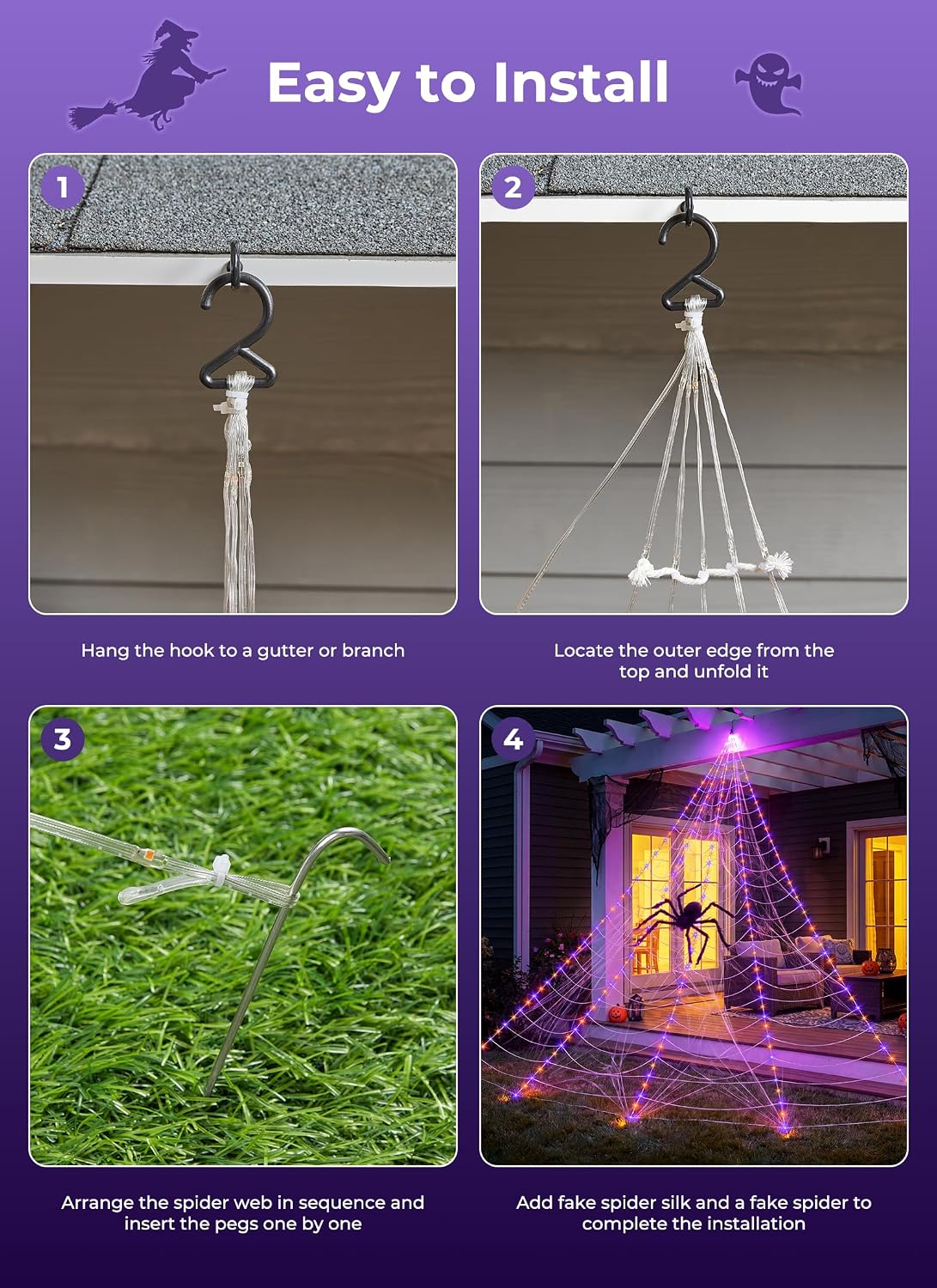 Brightown Halloween Decorations Outdoor, 255-LED Giant Spider Web Lights