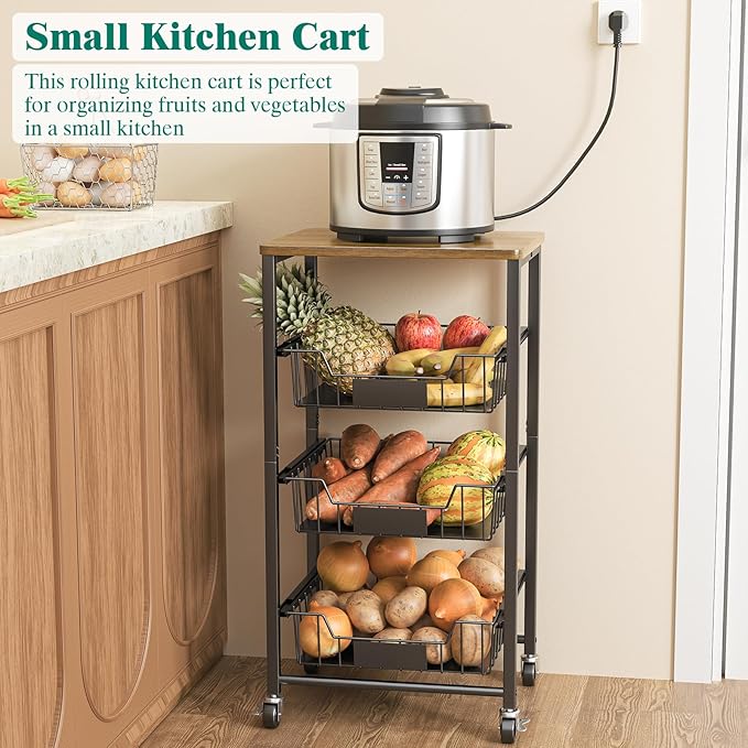 Kitchen Storage Cart with Wheels, 4-Tier Metal Utility Rolling Cart Fruit