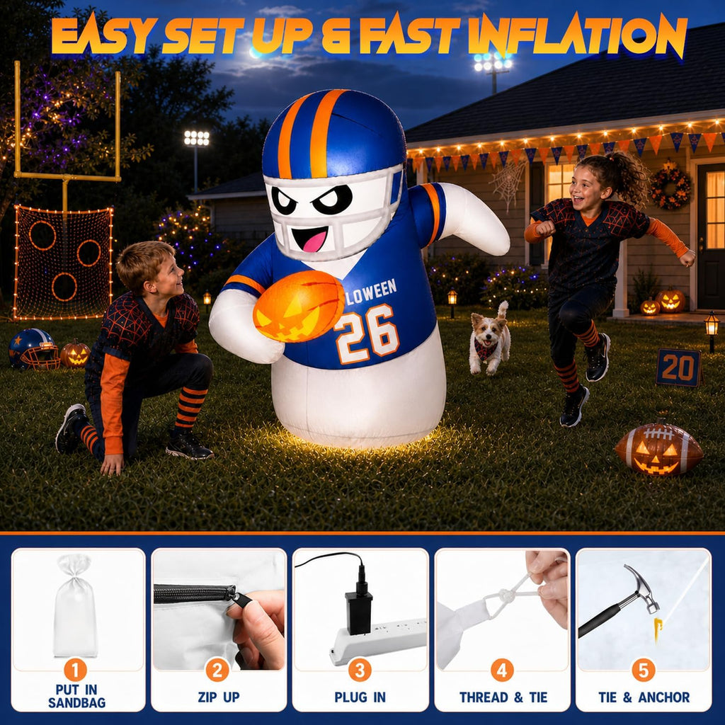 5FT Halloween Inflatables Decorations Outdoor Football Player Ghost Built-in Full-Body Bright LEDs Cute Halloween Blow Up Yard Decoration with Pumpkin Sports-Themed Blowups Lawn for Party