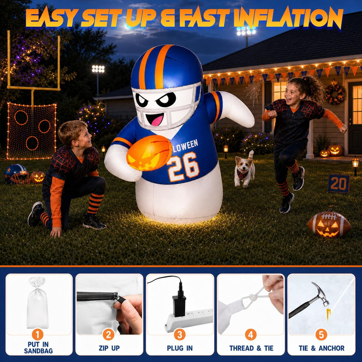 5FT Halloween Inflatables Decorations Outdoor Football Player Ghost Built-in Full-Body Bright LEDs Cute Halloween Blow Up Yard Decoration with Pumpkin Sports-Themed Blowups Lawn for Party