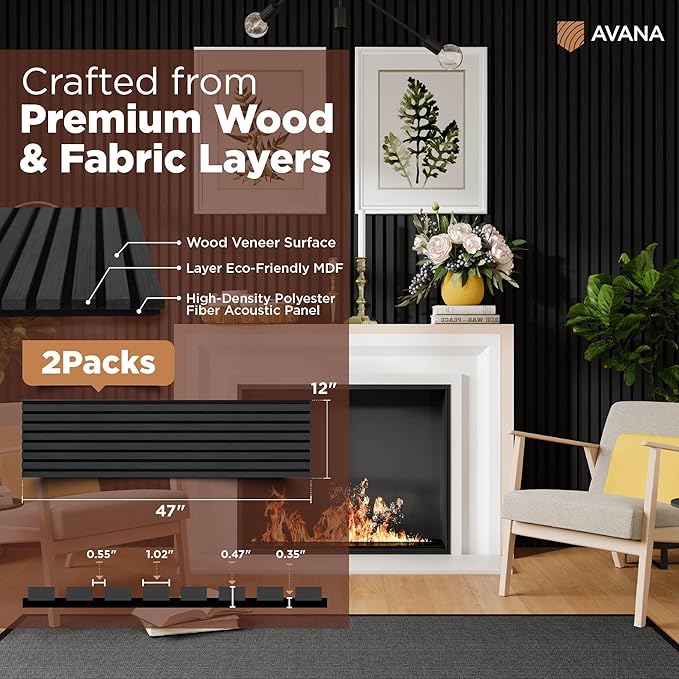 Avana Acoustic Wood Wall Panels – 47.2 X 12.6 Inch Black Oak Acoustic Panels 2 (2 PCs)