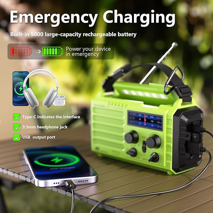 Mesqool Emergency Radio 5 Way Powered, 5000mAh/18500mWh Survival Solar Hand