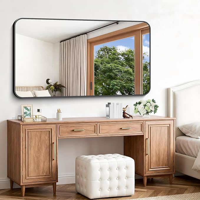 Black Bathroom Mirror, 66x36 inch Aluminum Metal Frame Rectangular Vanity Mirror