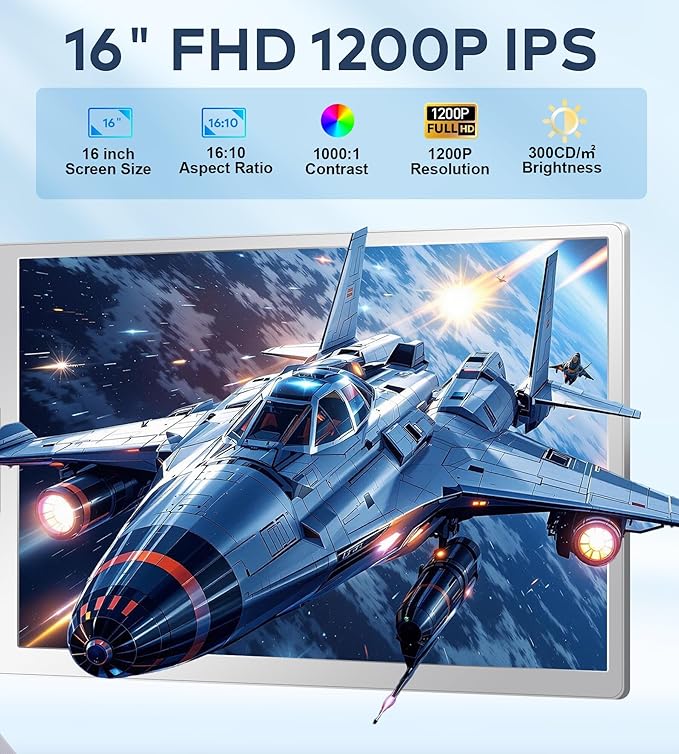 FOPO 16" Laptop Screen Extender Monitor Portable, Quad Monitor, Just 1 Cable