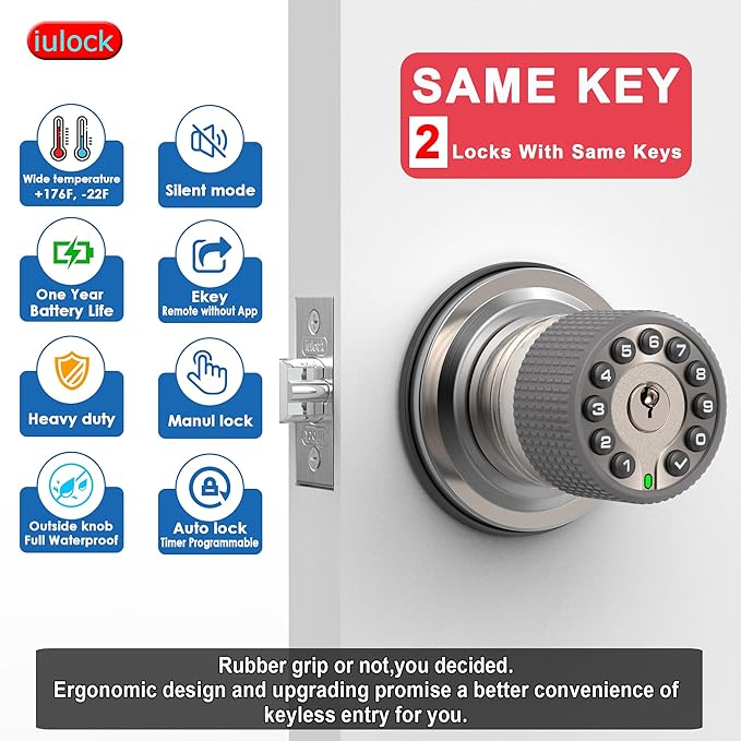 iulock Smart Door Knob with Keypad and Key, Keyless Entry Door Lock with Rubber (2 Pack)