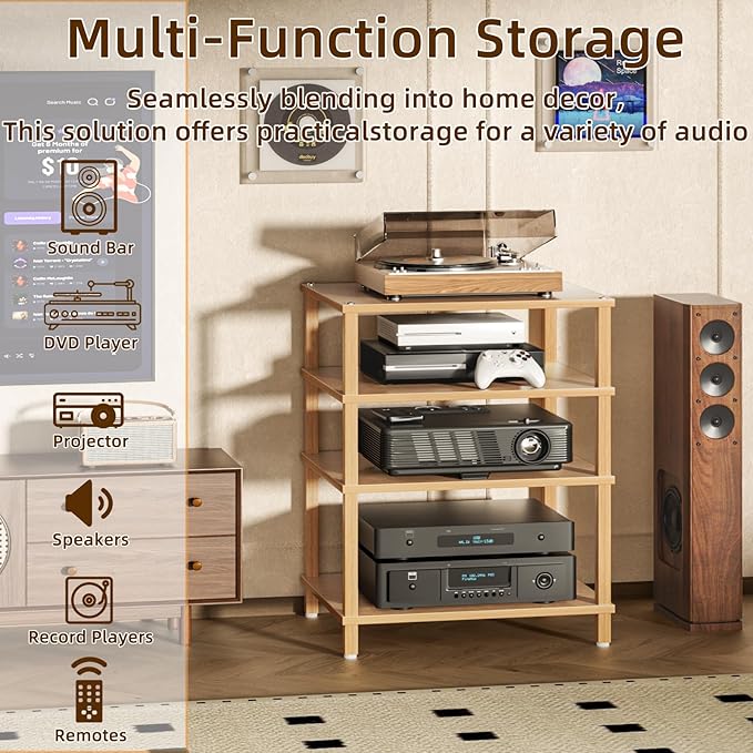 LELELINKY 4-Tier AV Media Player Stand Set of 2, Natural Stereo Cabinet
