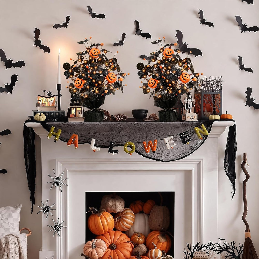 2Pack Lighted Halloween Table Tree, Halloween Pumpkin Decorations for Home