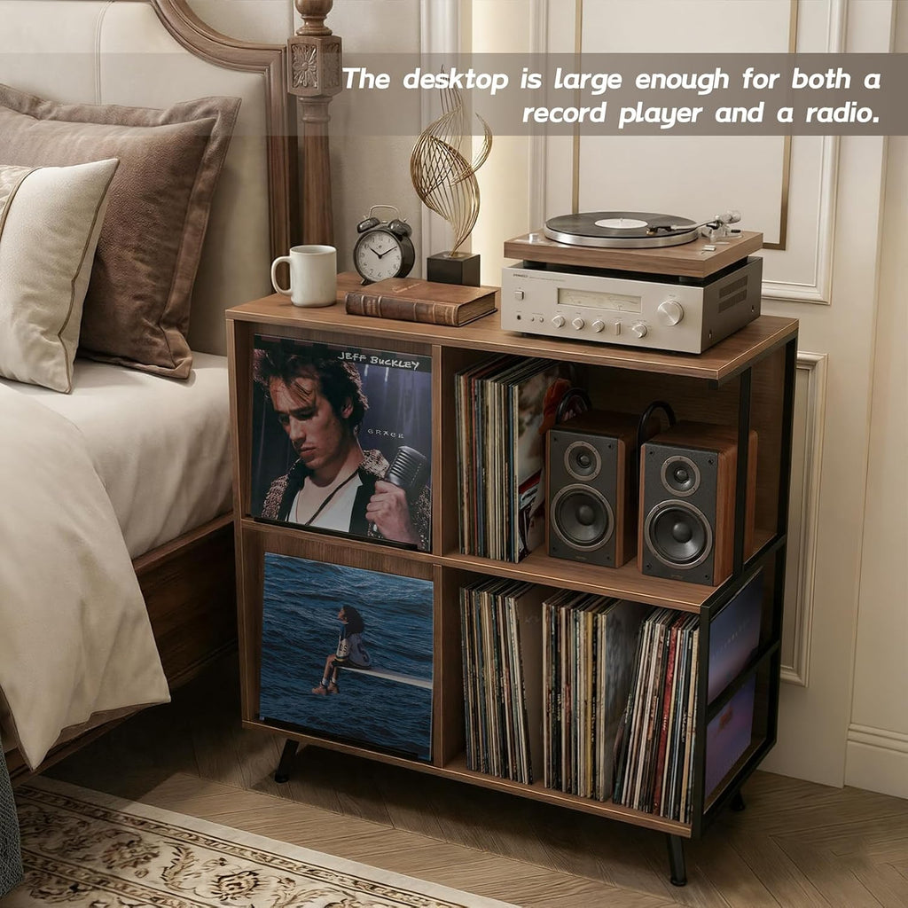 Faesun 3 Tier Record Player Stand with Flip-Down Record Shelf, Walnut