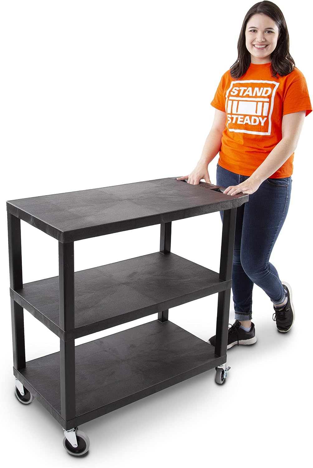 Stand Steady Tubstr 3 Flat Top Shelf Utility Cart Supports Up to 300 lbs - Heavy-Duty Plastic Service Push Cart with Three Flat Shelves, for Offices, Warehouse Storage, Garage Tools (Black, 35 x 18)
