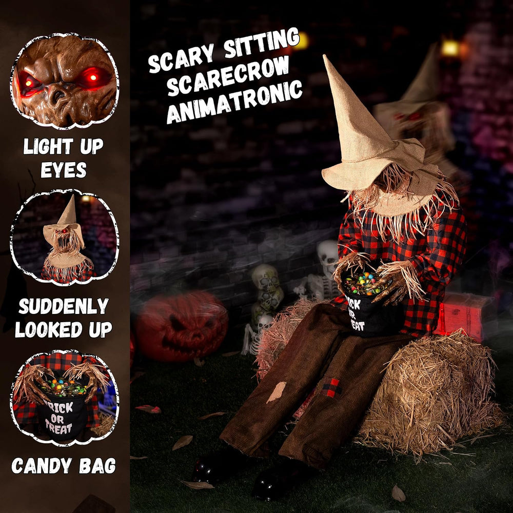Halloween Animatronics Decorations Scary Sitting Scarecrow with Candy Bag, 55...