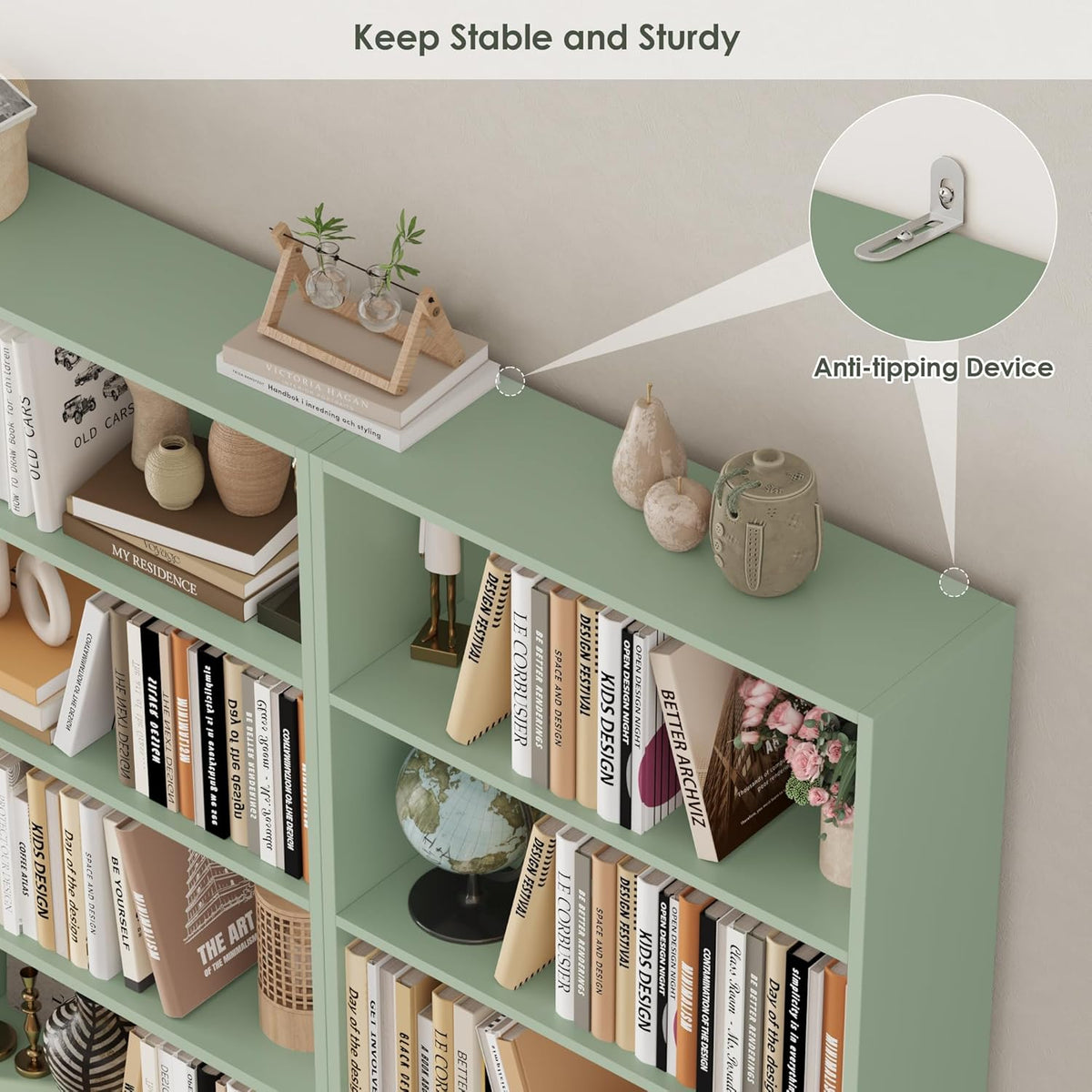 FOTOSOK 6 Tier Tall Bookshelf and Bookcase with Open Display Shelves, Green
