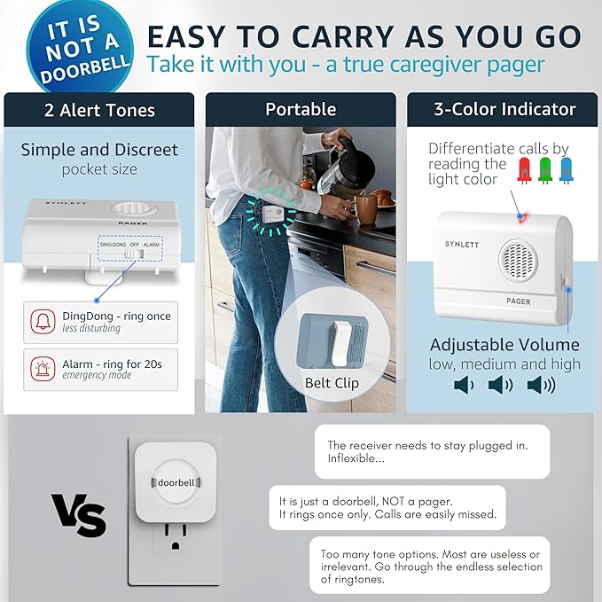 2 Caregiver Pagers with 1 Call Button SOS Alert System