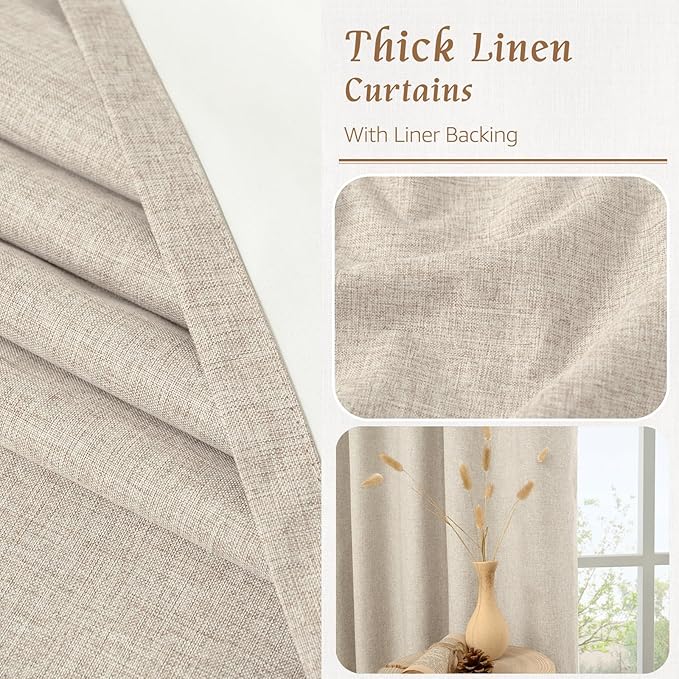 LAMIT 100% Blackout Natural Linen Curtains, 72 Inches Linen Textured Thermal