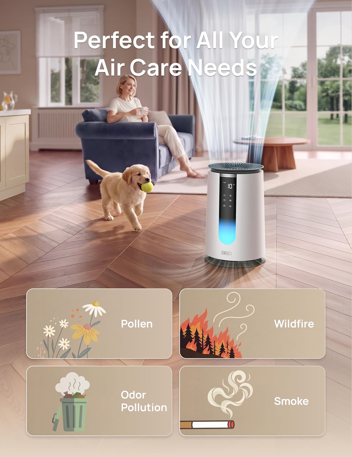 DREO Air Purifier for Home, HEPA Sleep Mode, AHAM VERIFIDE Air Purifiers for Bedroom, Pets, Smoke, Dust, Pollen & Odors, PM2.5 Monitor, Auto & Turbo Mode, 4 Speeds, Scent Diffuser, DR-HAP008(Dreo 338)
