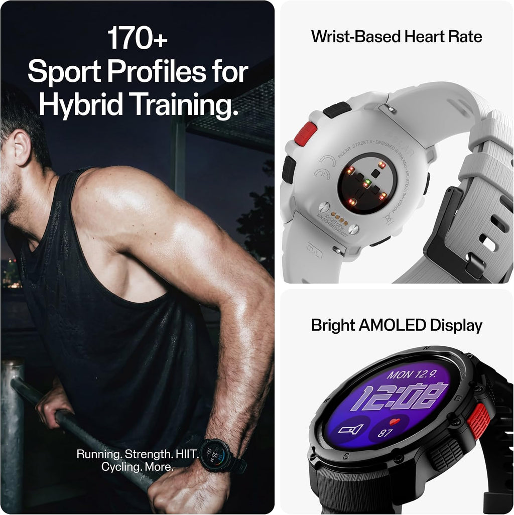 Polar Street X – GPS Running Sports Watch – Rugged Waterproof – 170+ Sport Profiles – 10 Day Battery – AMOLED Display – Wrist Based Heart Rate Monitor – Built-in Flashlight