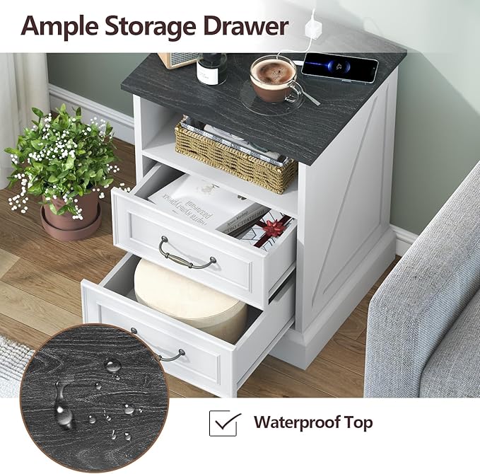 Nightstand with Charging Station, Rustic Farmhouse Wood Small Dresser, Bedside