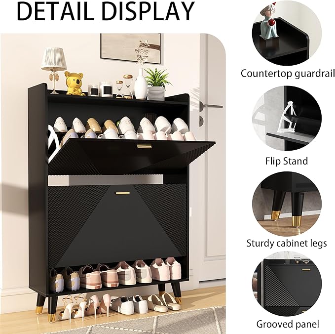Shoe Cabinet Storage for Entryway: 65" Black Shoe Organizer Cabinet