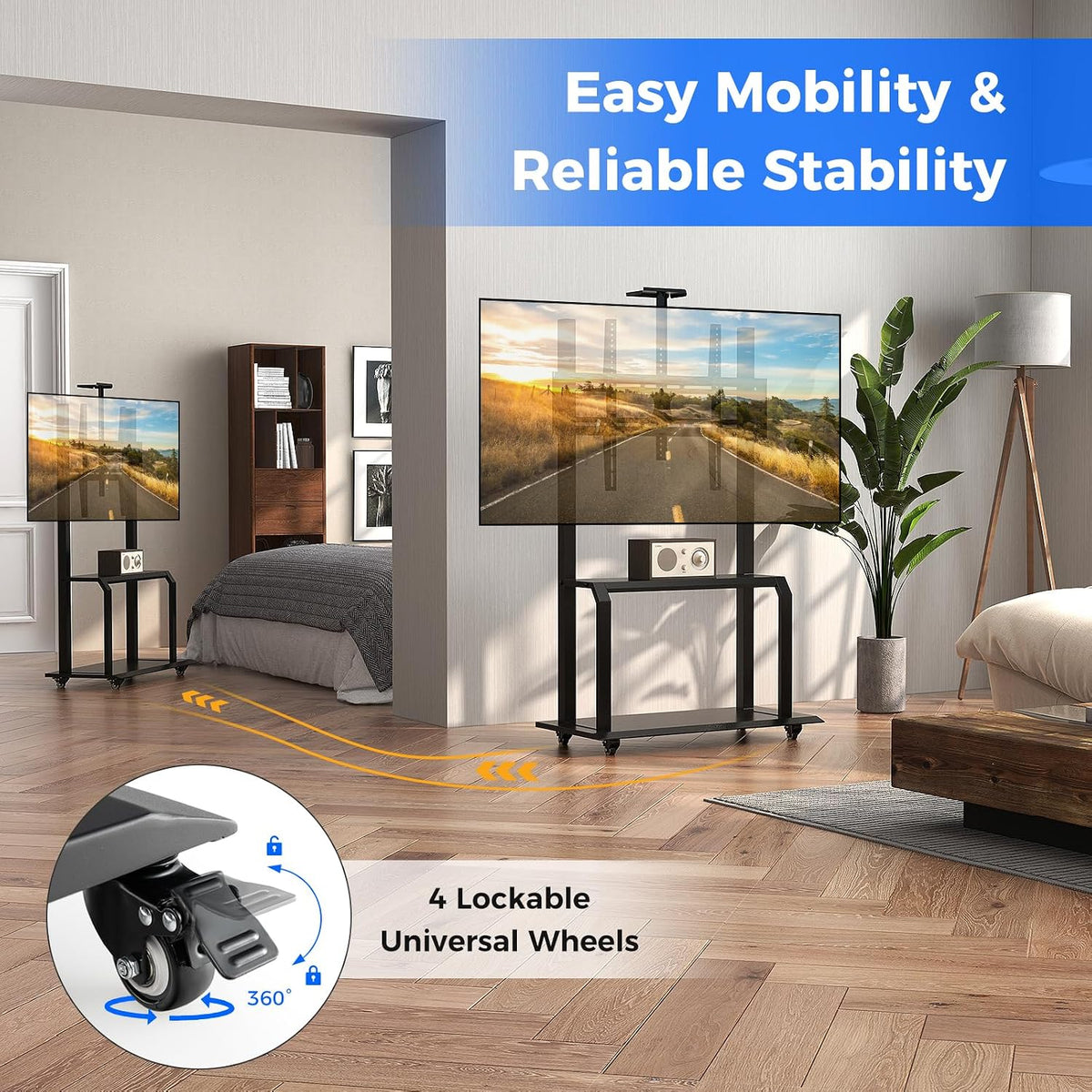 Goplus Mobile TV Stand, Rolling TV Cart with Camera Shelf & AV Shelves, Adjustable Media Console Cart for 32”-80” Flat/Curved TVs up to 132 lbs, Max VESA 900 X 600 mm, TV Mounting Screws Included