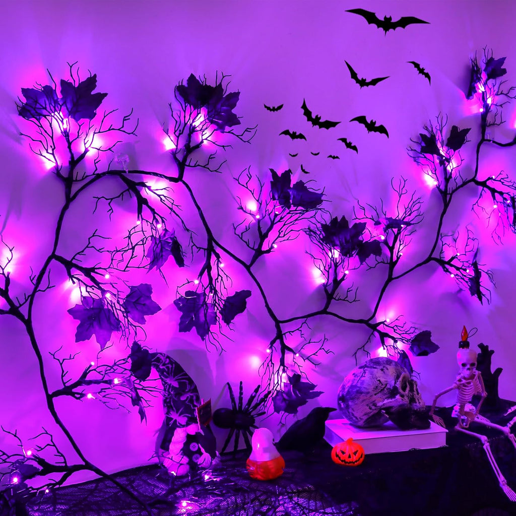 9Ft Lighted Halloween Garland Decorations Indoor, 66 LED Purple Lights Willow Vine Twig Black Halloween Garland with 8 Mode & Timer, Battery Operated Halloween Decor for Mantel Fireplace Home