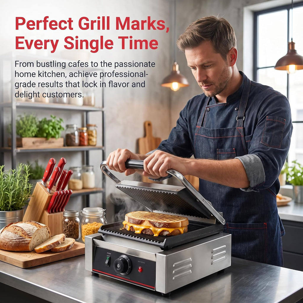 commercial panini press with grooved grill sandwich maker, package contents