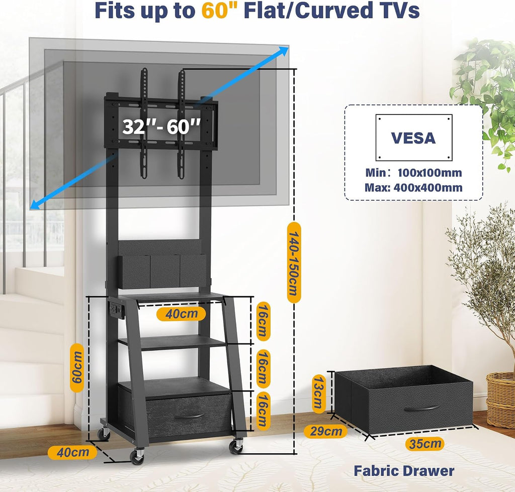 Rolling TV Stand with Power Outlet & 4-Tier Storage for 23"-60" Flat/Curved Screen up to 160lbs LCD/LED/OLED Adjustable Height Mobile TV Cart for Home Office Outdoor Max VESA 400x400mm Black