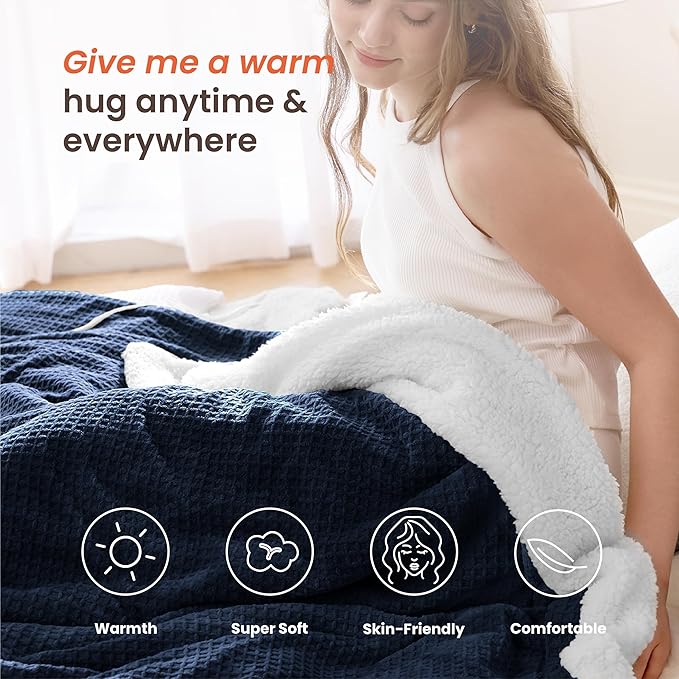 Heated Blanket Electric Blanket Full Waffle, 72x84 Inches Sherpa Fleece Fast