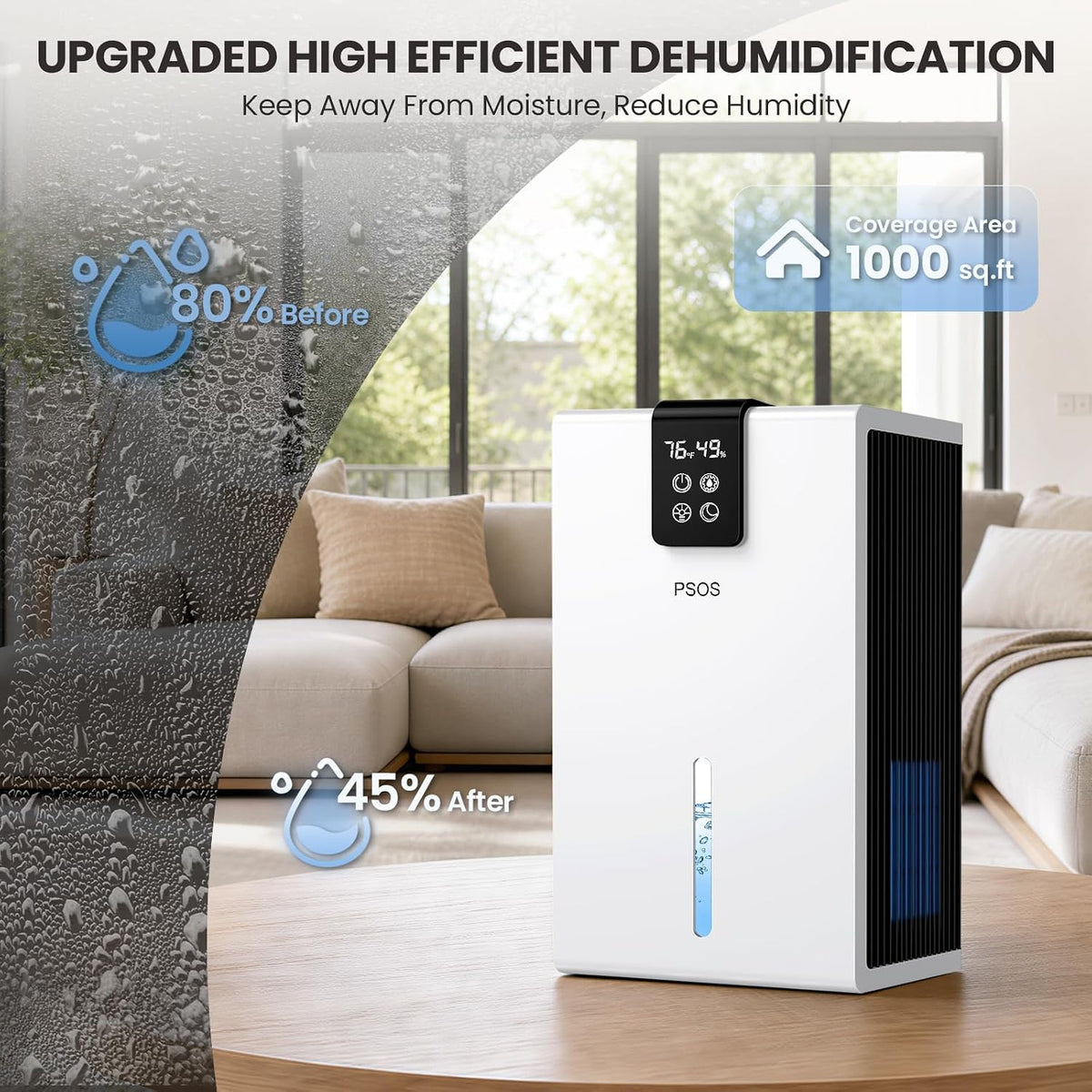 PSOS Dehumidifier, Dehumidifiers for Home, 98 OZ Water Tank, (1000 sq.ft) Quiet Dehumidifier for Basement Bathroom Bedroom with Humidity Display, Auto Shut Off, Relaxing 7 Color Ambient Light(White)