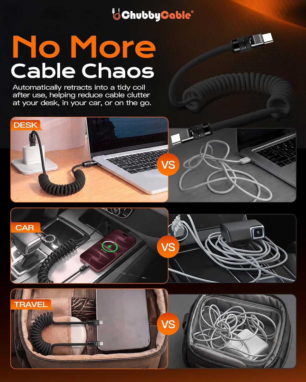 chubbycable Coiled USB C Cable 240H Sag-Free Charging Cable, 2 Pack, Black