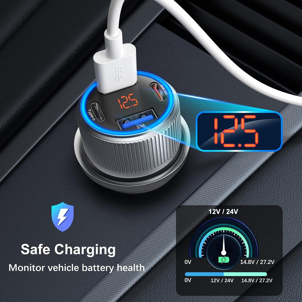 usb c car charger, 65w dual 12v usb, close-up detail