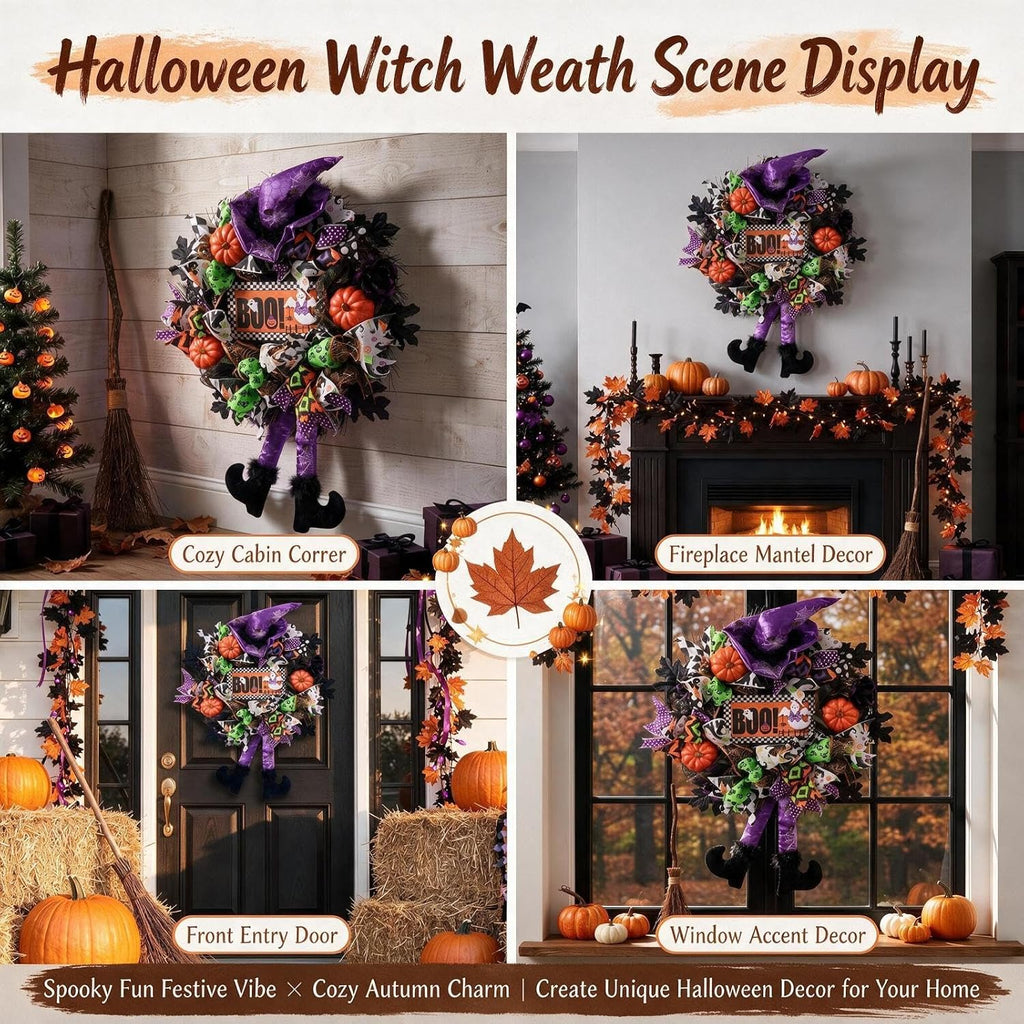 Halloween Wreath for Front Door,20 inch Whimsical mesh Wreath with Witch