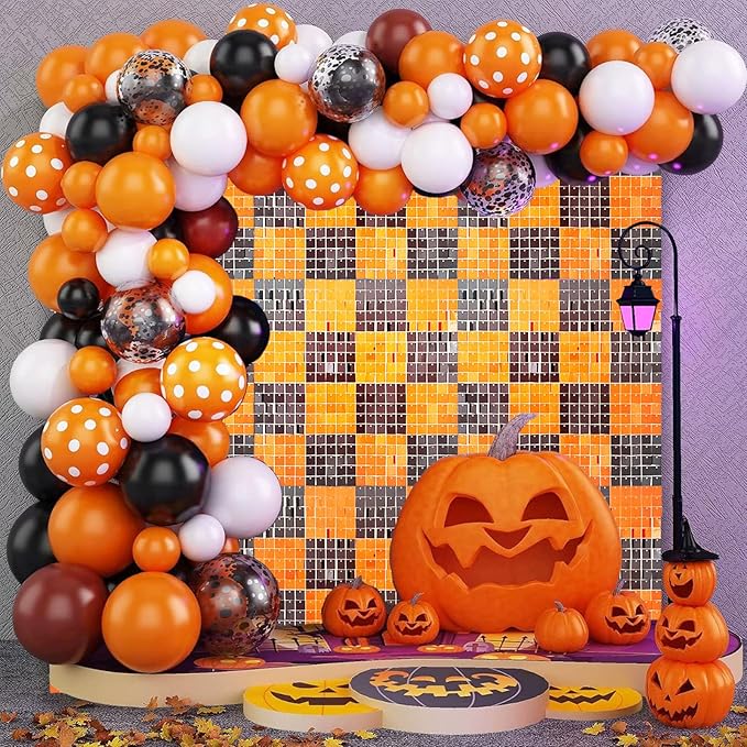 24PCS Black Orange Shimmer Wall Backdrop, Halloween Square Sequin Photo Backdrops Panel, Glitter Wall Background for Halloween, Birthdays, Weddings, Christmas, Engagements, Party Decor (4FTx6FT)
