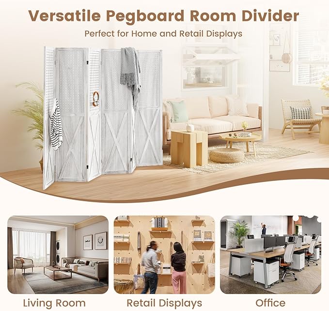 ALeesing 6 Panel Pegboard Room Divider, 5.6Ft Pegboard Display Folding Privacy