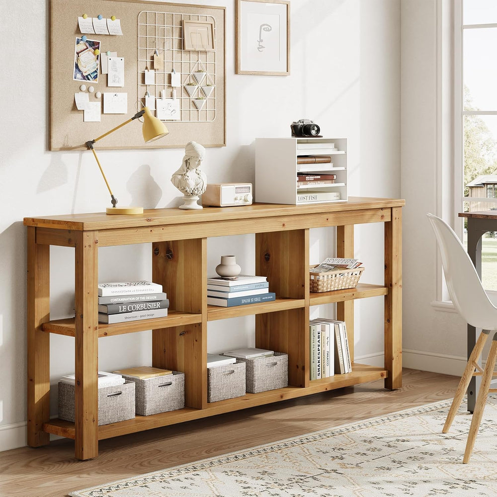 Solid Wood Horizontal Bookcase with Adjustable Shelves, 6 Cubes Storage Organ...