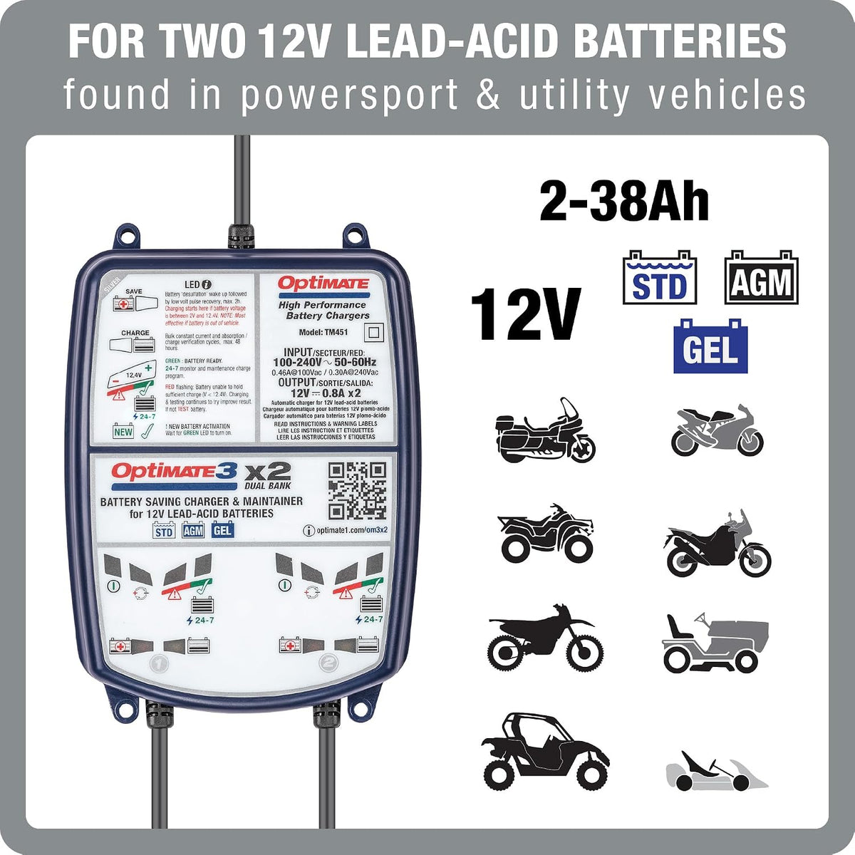 Optimate 3 Dual Bank, TM-451, 7-Step 2x12V 0.8A Sealed Battery Saving Charger & maintainer