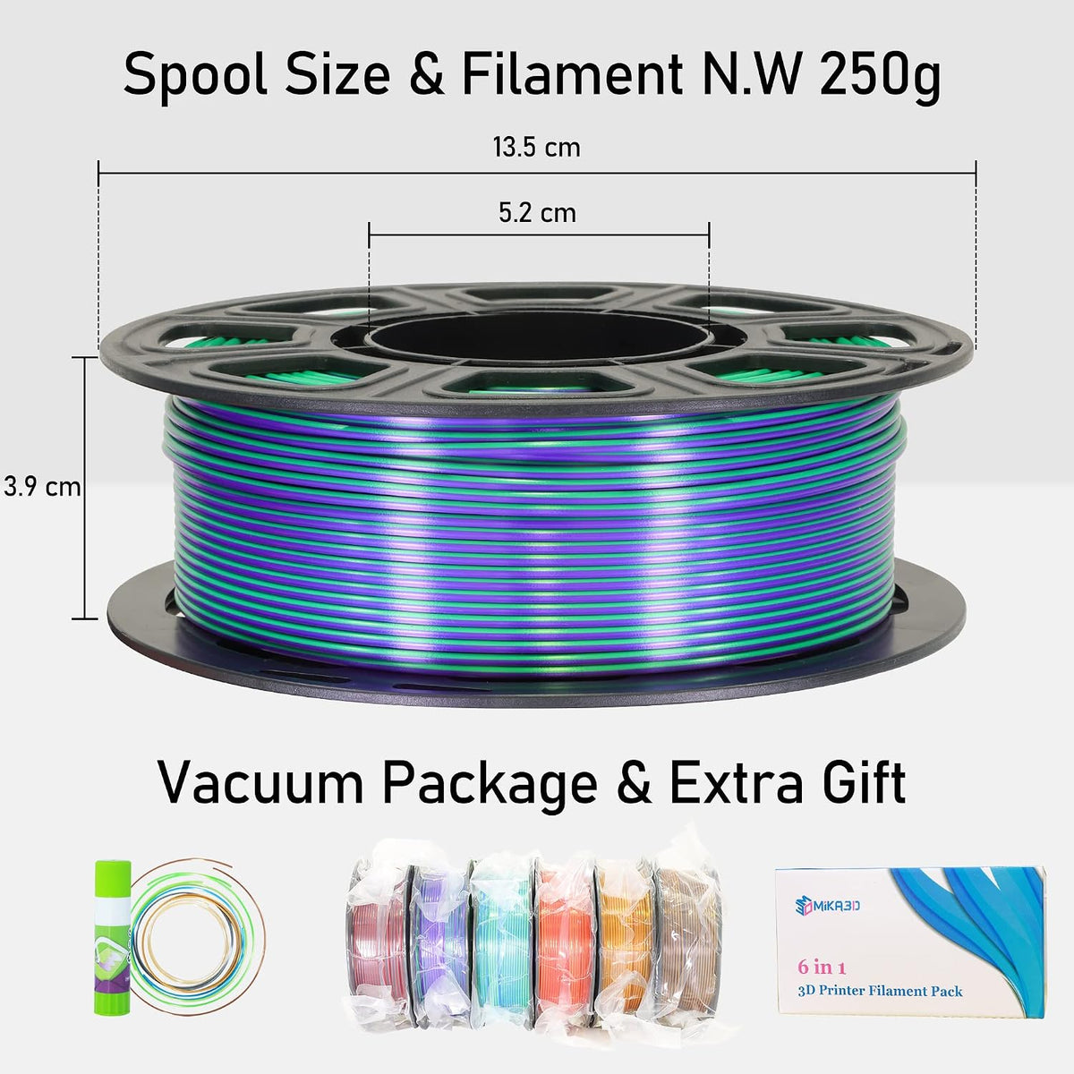 mika3d 6 spools bicolor dual color 1.75mm 3d showing dimensions