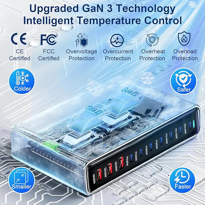 650W USB C Fast Charger Block, Dual PD3.1 140W 10 Port USB Charging Station