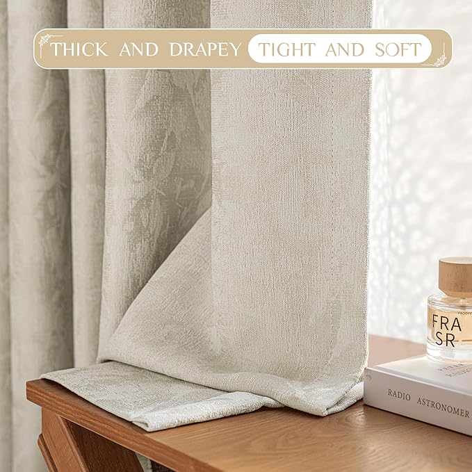 Beauoop Beige Floral Jacquard Blackout Curtains 72 Inches Long 2 Panels