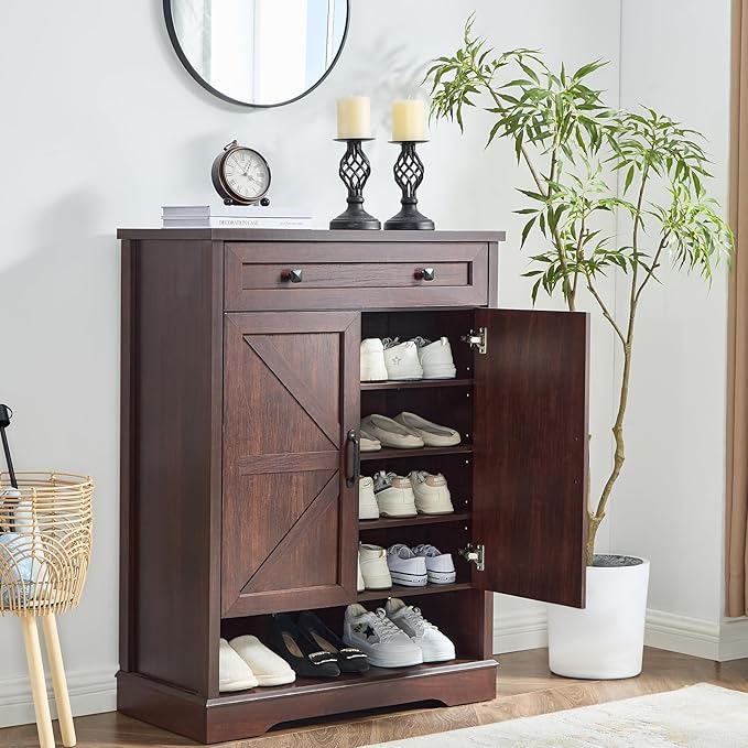 SOOWERY Shoe Cabinet with Drawer, Farmhouse Shoe Storage Cabinet with Doors