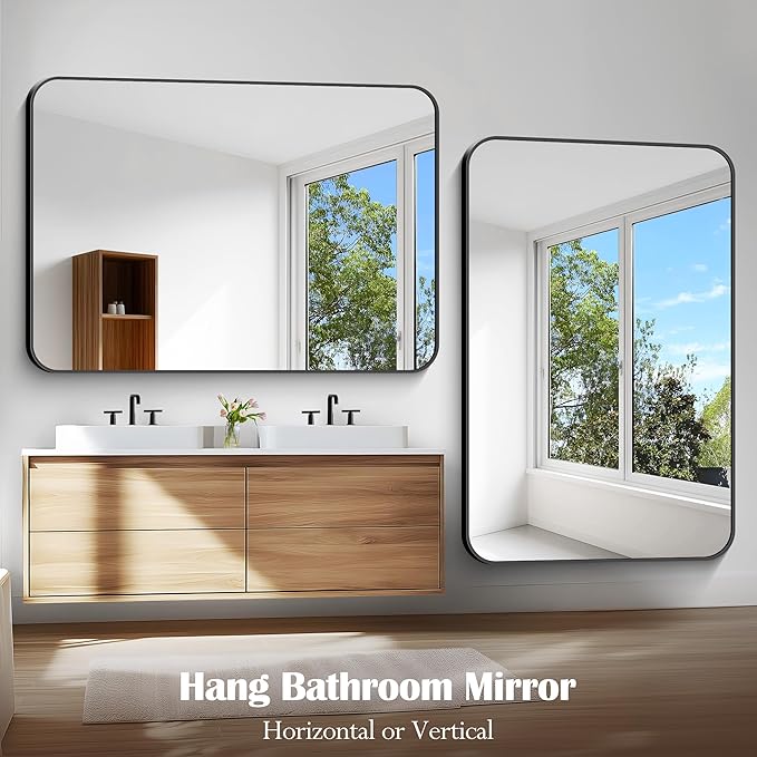 Large Bathroom Mirror, 60 x 40 inch Black Rectangle Mirror, Metal Framed
