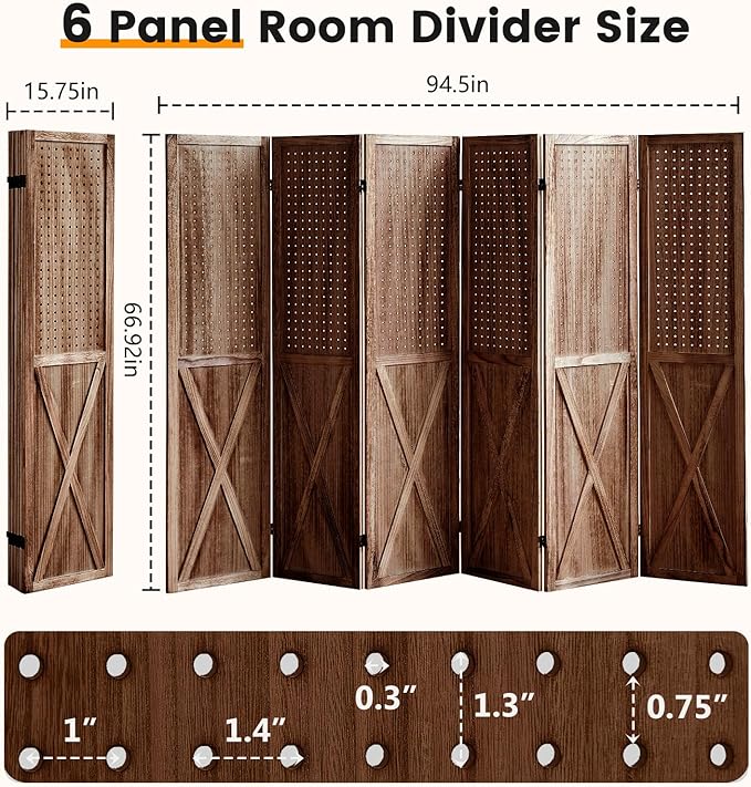 ALeesing 6 Panel Pegboard Room Divider, 5.6Ft Pegboard Display Folding Privacy