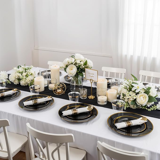 SUT 175 Pcs Black and Gold Plastic Dinnerware Set for 25 Guests, Include: 25 Dinner Plates, 25 Dessert Plates, 25 Pre Rolled Napkins With Silverware, 25 Cups, Disposable Plates for Halloween, Party