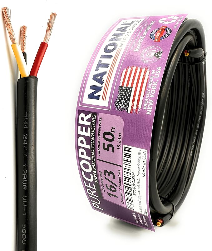 NATIONAL Wire & Cable – 16 AWG 3-Conductor Premium Copper Wire, 50 ft, Stranded