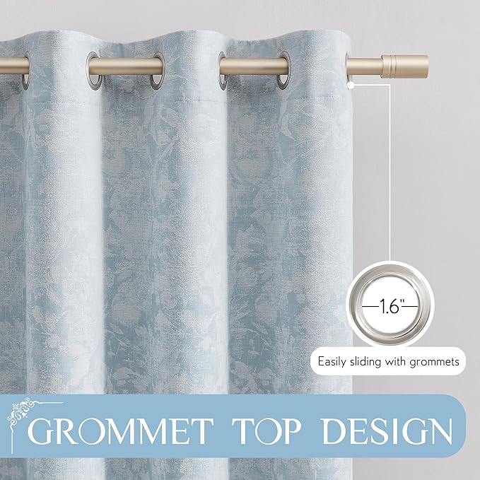 Beauoop Blue Floral Jacquard Blackout Curtains 120 Inches Long 2 Panels