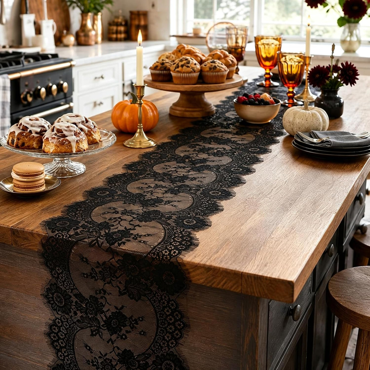 10 PCS Black Lace Table Runner 14x120 Inch Vintage Halloween Party Decor