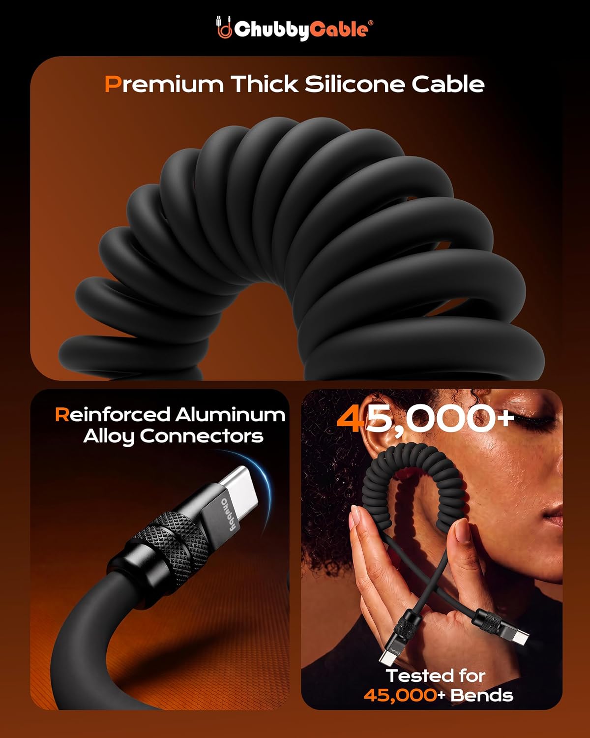 chubbycable Coiled USB C Cable 240H Sag-Free Charging Cable, 2 Pack, Black