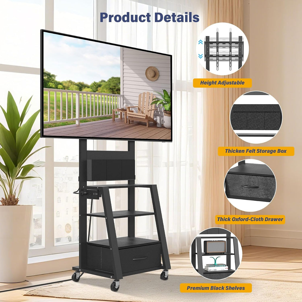 Rolling TV Stand with Power Outlet & 4-Tier Storage for 23"-60" Flat/Curved Screen up to 160lbs LCD/LED/OLED Adjustable Height Mobile TV Cart for Home Office Outdoor Max VESA 400x400mm Black