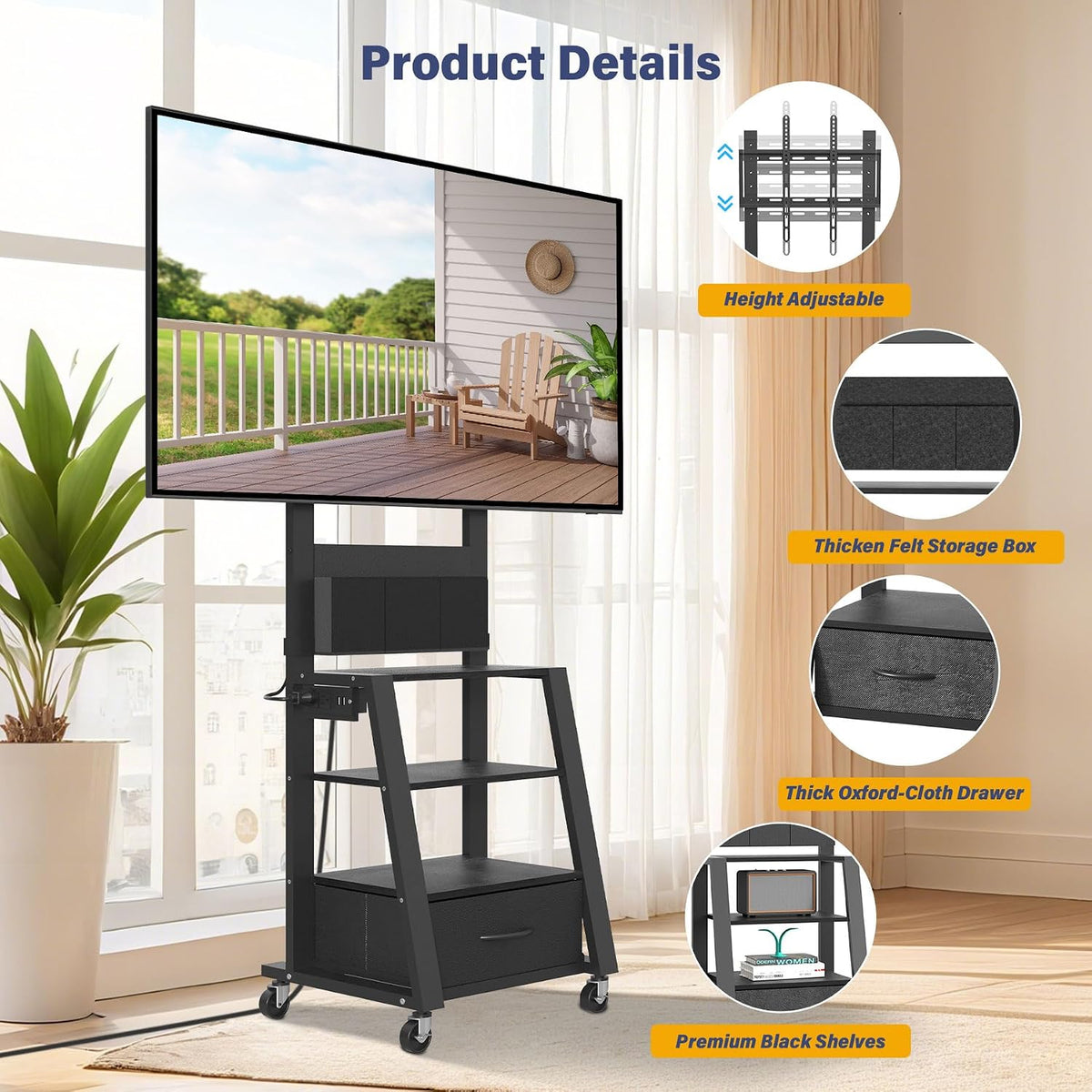 Rolling TV Stand with Power Outlet & 4-Tier Storage for 23"-60" Flat/Curved Screen up to 160lbs LCD/LED/OLED Adjustable Height Mobile TV Cart for Home Office Outdoor Max VESA 400x400mm Black